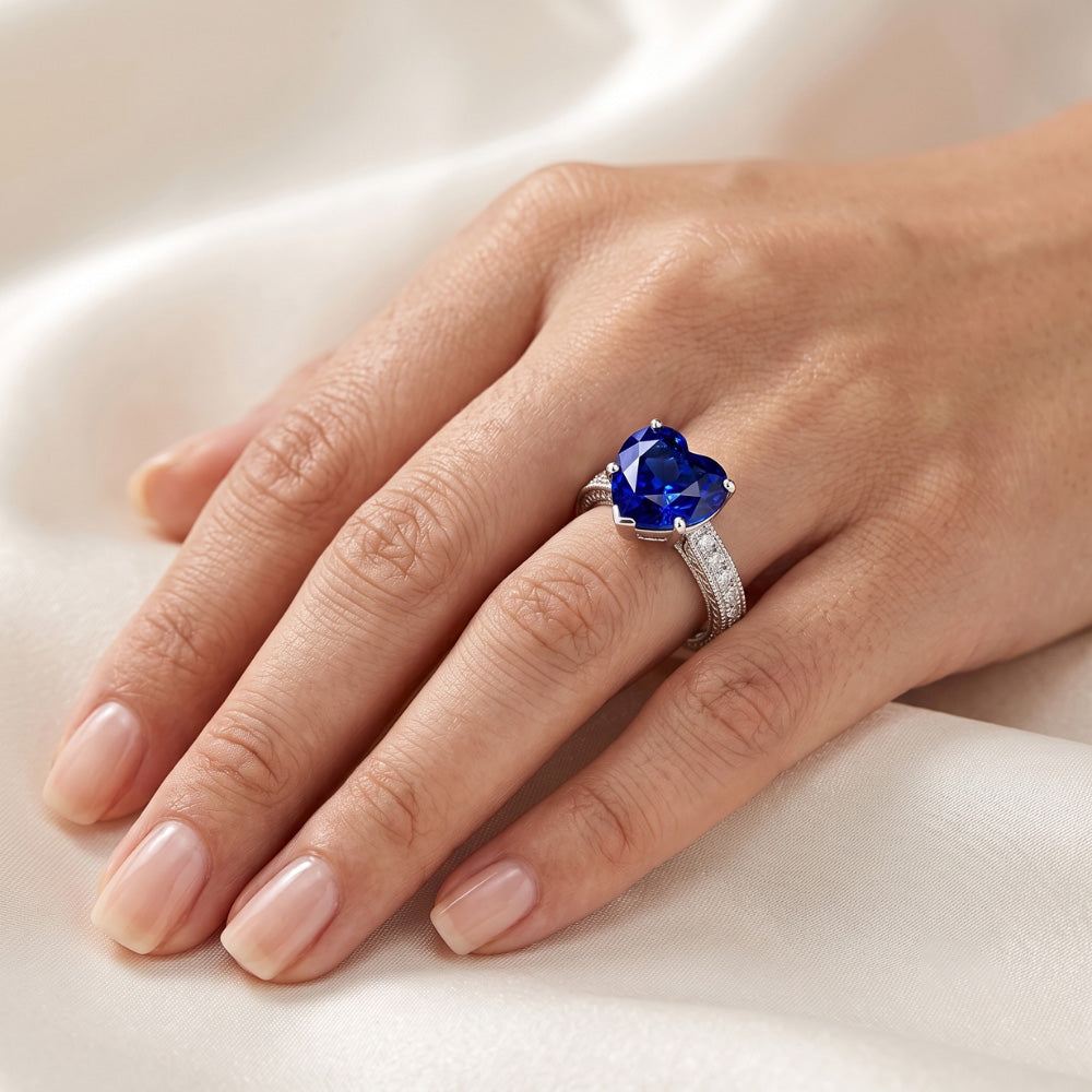 Vintage Style Natural Earth Mined Diamond Ring 4 Carats Blue Sapphire Heart Cut