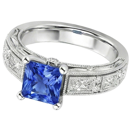 Vintage Style Princess Ceylon Sapphire & Natural Earth Mined Diamond Ring 5.50 Carats