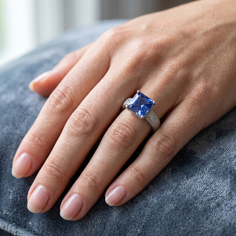 Vintage Style Princess Ceylon Sapphire & Natural Earth Mined Diamond Ring 5.50 Carats