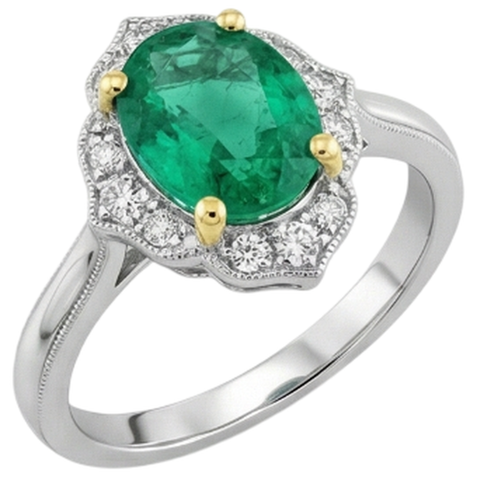 Genuine Colombian Emerald Colored Stone Ring 2 ct 14 Karat Two Tone Gold – front view