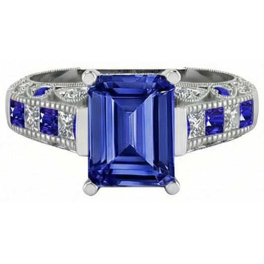 Vintage style Emerald Cut Ceylon Sapphire Natural Earth Mined Diamond Ring 11.50 Carats