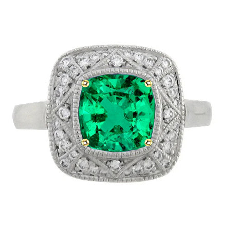 Colombian Emerald Cushion Cut Gemstone Ring in 14 Karat Two Tone Gold – main view