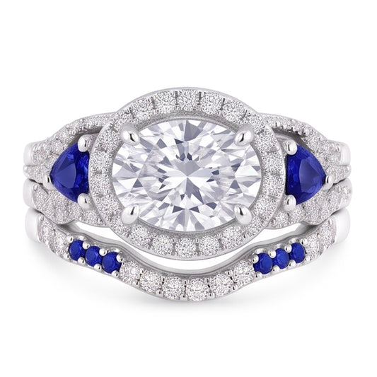Wedding Band Set Real Natural Earth Mined Diamond Blue Sapphire 5 Carats Women Jewellery