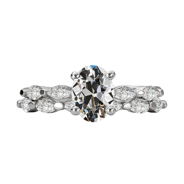 Wedding Ring Marquise & Oval Old Cut Natural Diamond 14K Gold 5 Carats