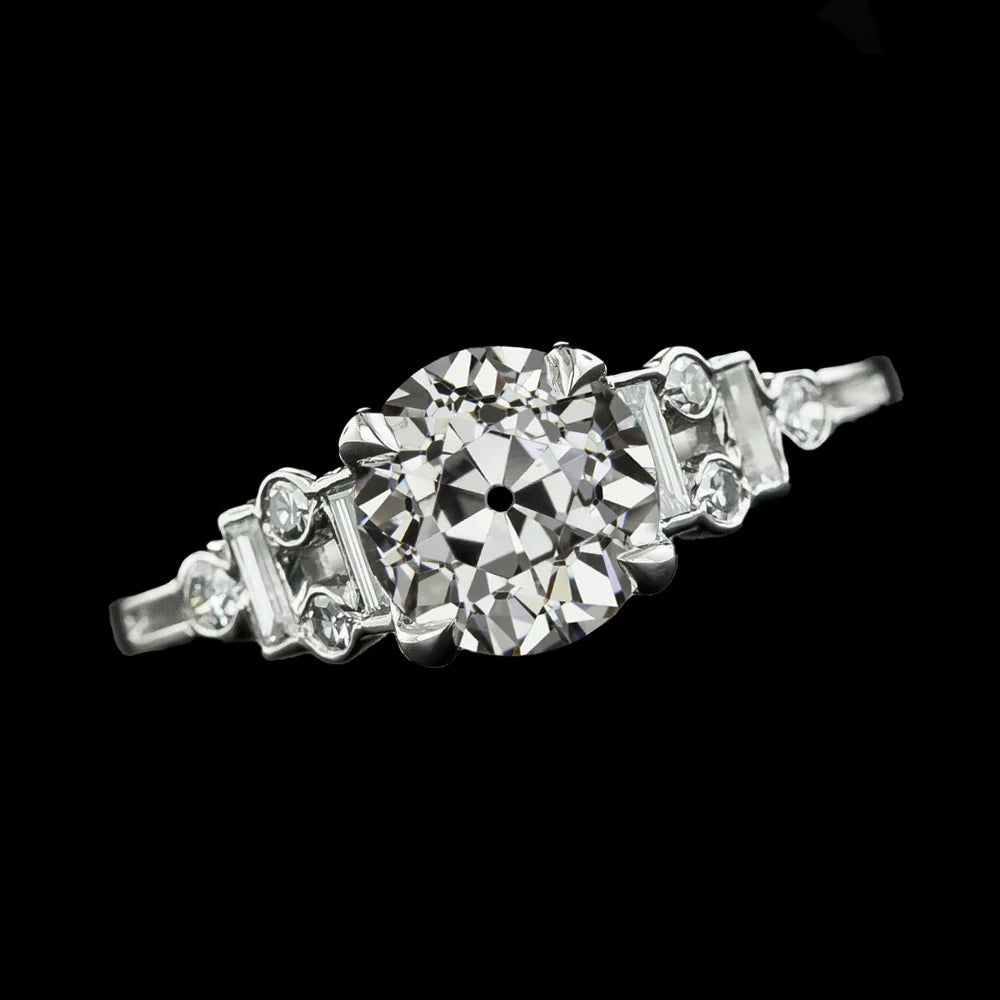 Wedding Ring Round Old Miner Real Diamond With Baguettes 3.50 Carats