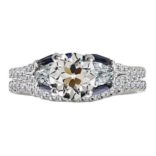 Wedding Ring Set Round Old Miner Natural Earth Mined Diamond & Baguette Sapphires 7 Carats