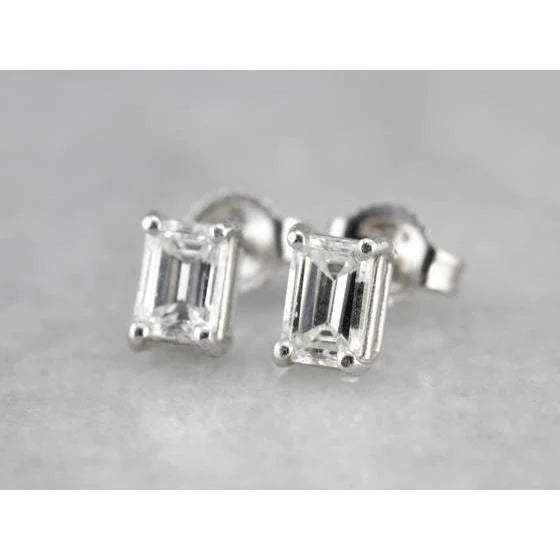 White Gold 14K 1 Carats Emerald Cut Real Diamond Women Stud Earring