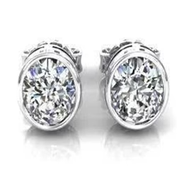 White Gold 14K 2 Carats Bezel Set Round Real Diamond Stud Women Earring