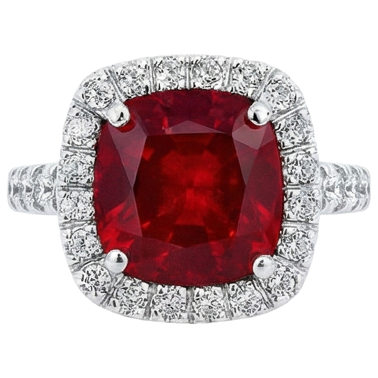 White Gold 14K 4 Carats Cushion Ruby And Round Cut Natural Earth Mined Diamonds Ring