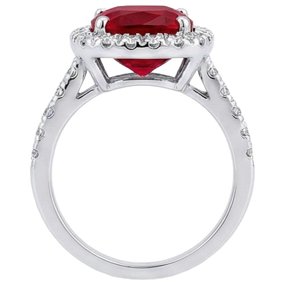 White Gold 14K 4 Carats Cushion Ruby And Round Cut Natural Earth Mined Diamonds Ring