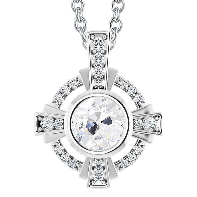 White Gold 14K Bezel Diamond Real Pendant Slide Round Cut Old Cut 4 Carats