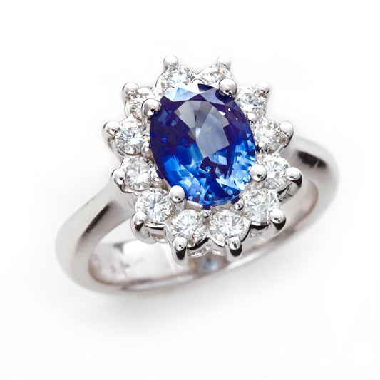 White Gold 14K Halo Diamond And Ceylon Sapphire Ring 3.20 Ct.