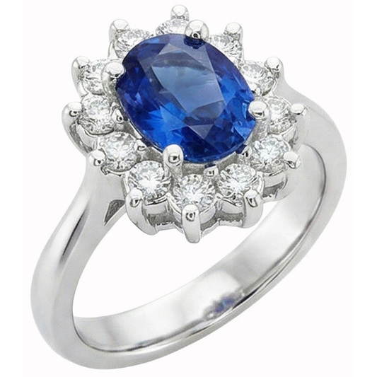 White Gold 14K Halo Natural Earth Mined DIAMOND ( NOT LAB GROWN ) And Ceylon Sapphire Ring 3.20 Ct.