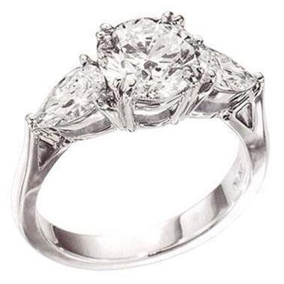 White Gold 14K Round And Pear 4.50 Carats Real Diamond Three Stone Ring