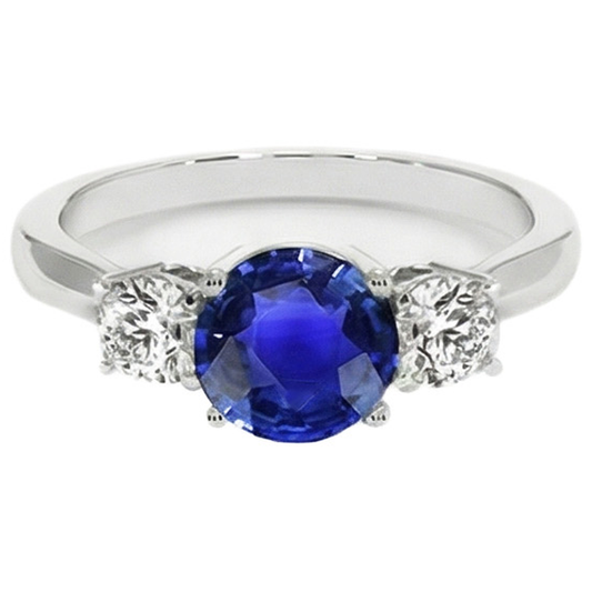 White Gold Blue Sapphire & Round Natural Earth Mined Diamond 3 Stone Ring 5 Carats 14K