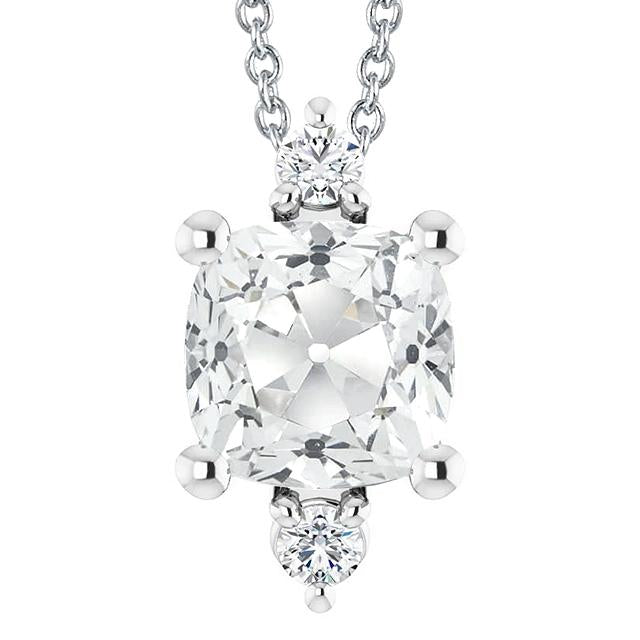 White Gold Cushion Old Miner Natural Diamond Pendant Necklace 3 Stone 6 Carats
