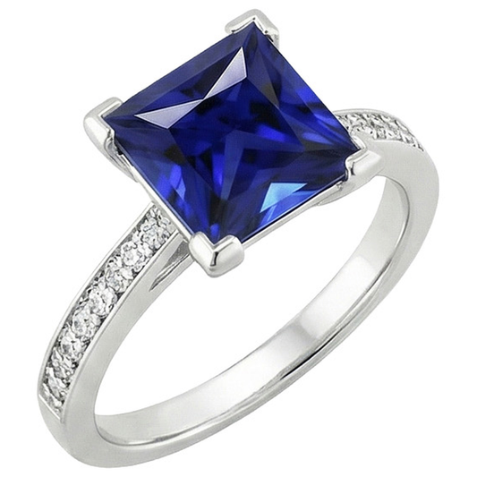 White Gold Engagement Ring Princess Blue Sapphire & Natural Earth Mined Diamond 4 Carats