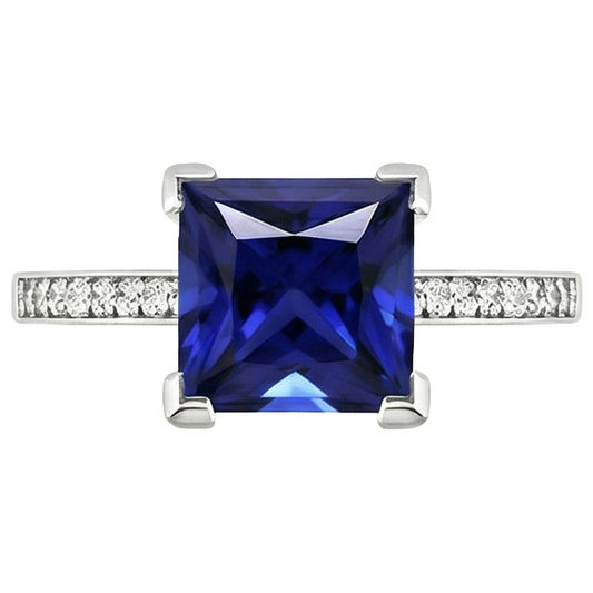 White Gold Engagement Ring Princess Blue Sapphire & Natural Earth Mined Diamond 4 Carats