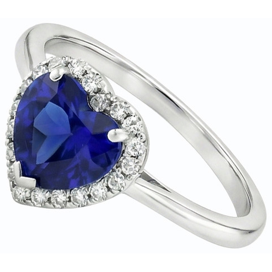 White Gold Halo Ring Heart Blue Sapphire & Natural Earth Mined Diamonds 3 Carats Jewellery