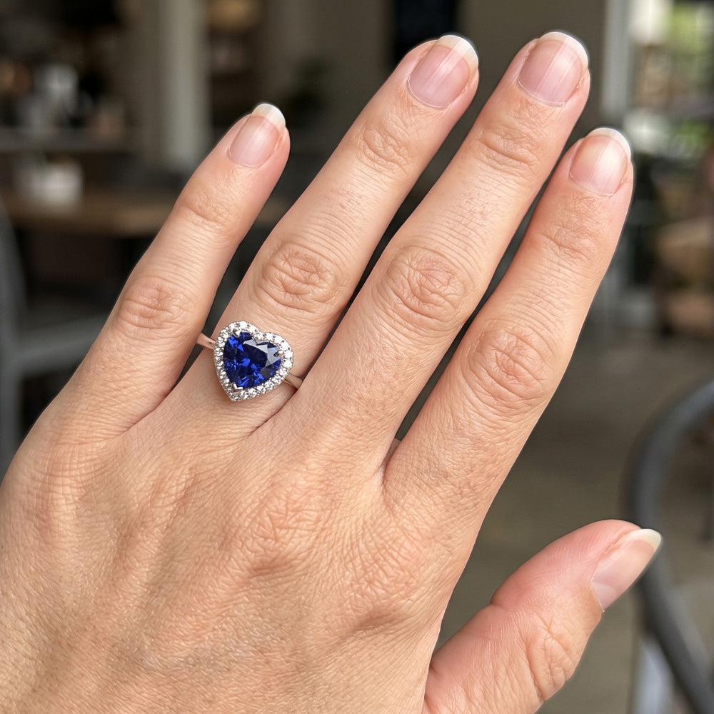 White Gold Halo Ring Heart Blue Sapphire & Natural Earth Mined Diamonds 3 Carats Jewellery