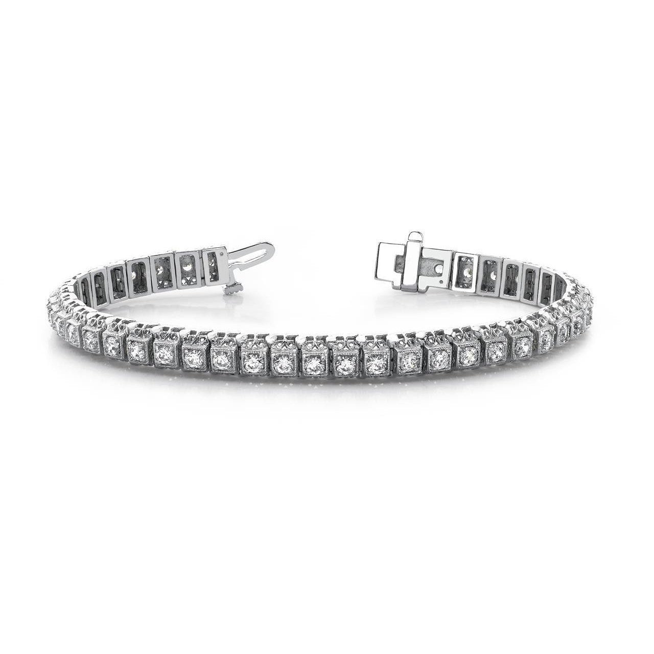 White Gold Milgrain Square Style Link Round Natural Diamond Bracelet 6 Ct