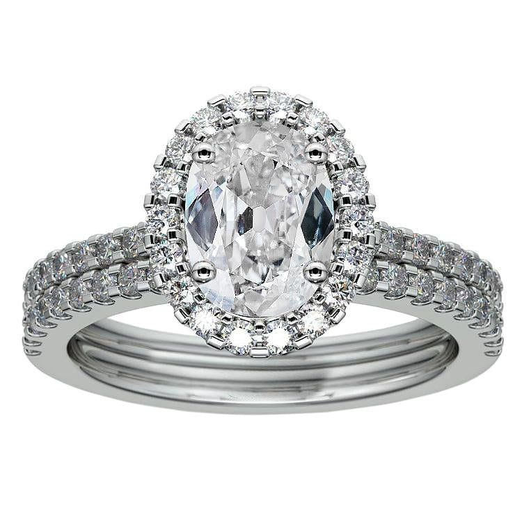 White Gold Oval Old Cut Real Diamond Round Halo Wedding Ring Set 7 Carats