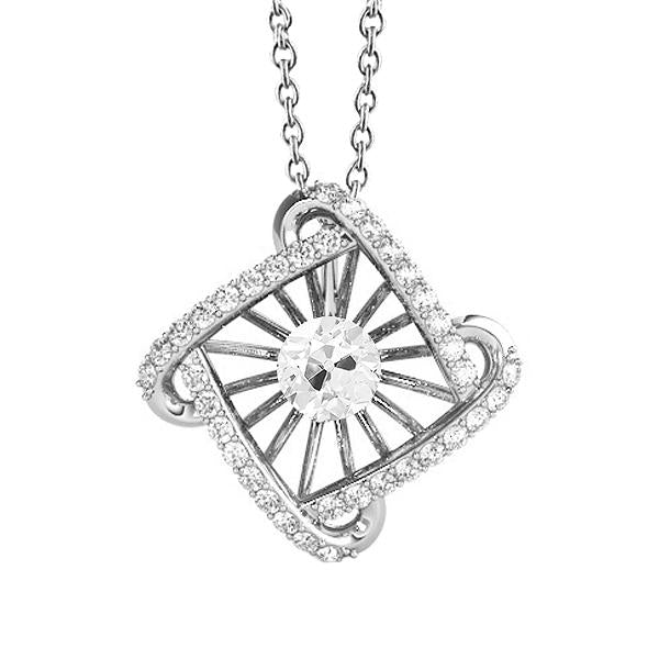 White Gold Square Real Natural Earth Mined Diamond Pendant & Chain Round Old Miner 2.50 Carats