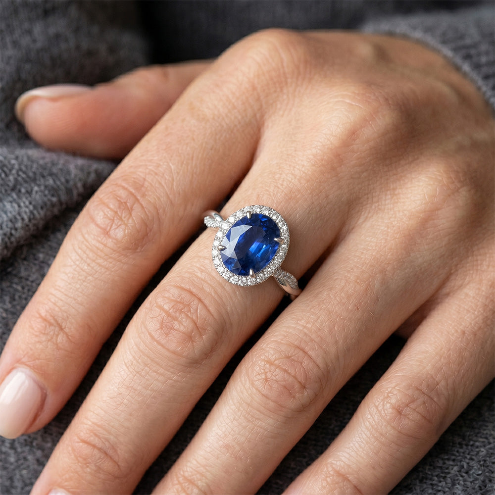 White Natural Earth Mined Diamond Halo Ring Blue Sapphire Twisted Shank 5 Carats