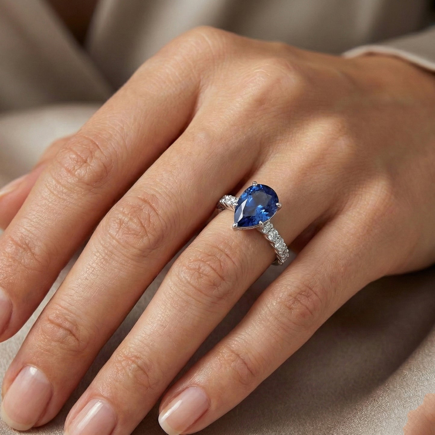 White Gold Pear Blue Sapphire With Accents Ring 3.50 Women's Jewellery