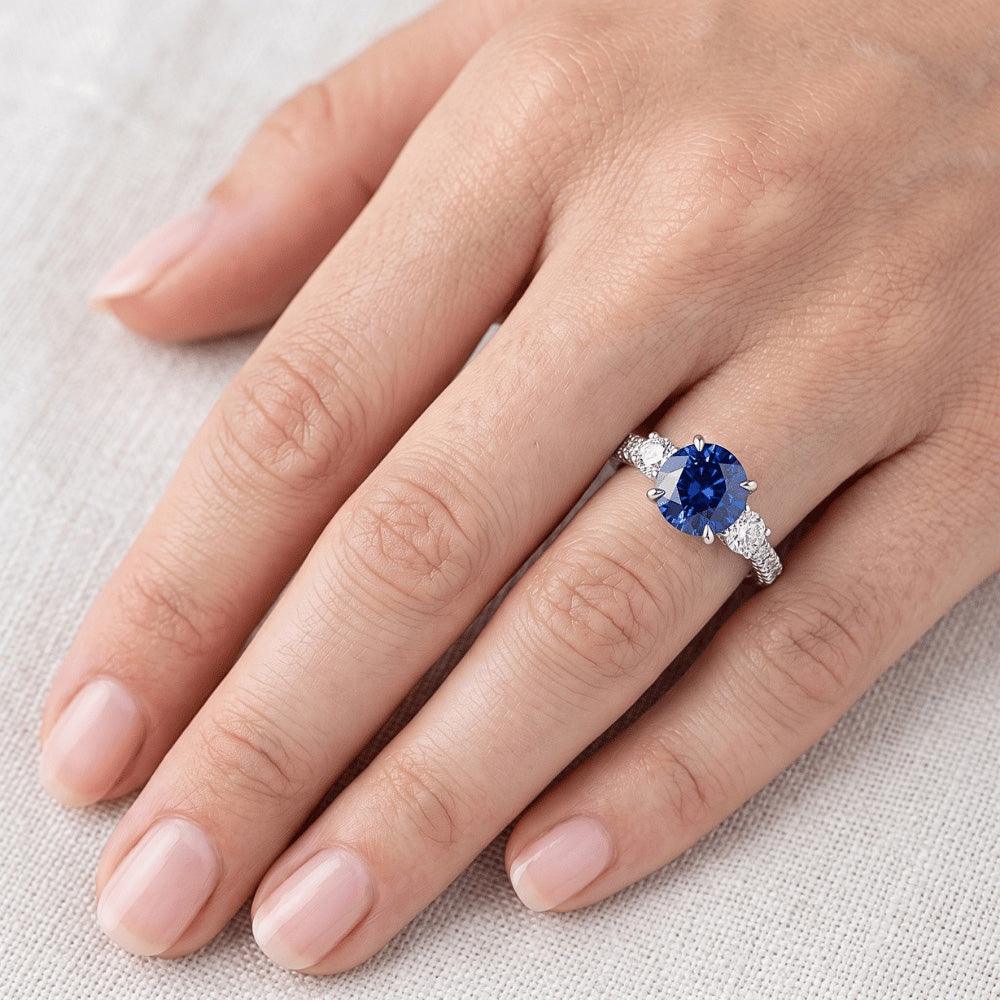 Women Gold Natural Earth Mined Diamond Ring Blue Sapphire 3 Stone Style Ring 3 Carats New