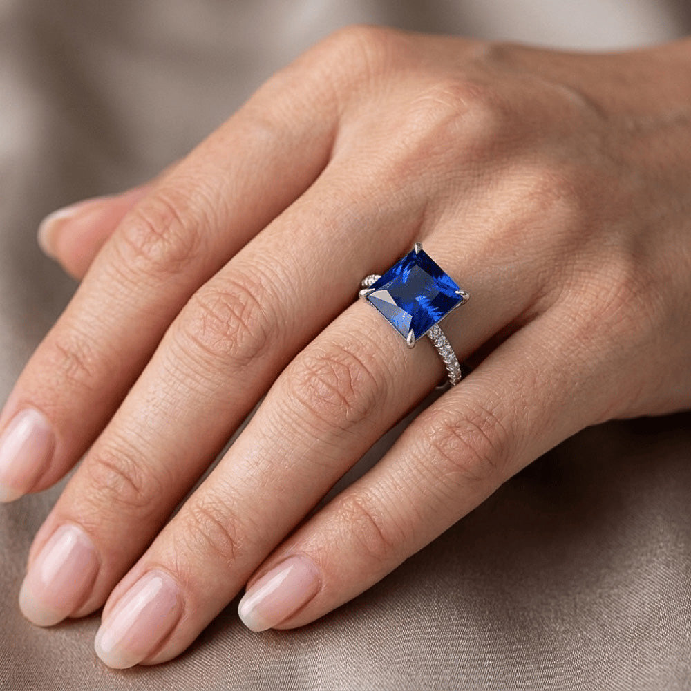 Women Gold Princess Blue Sapphire & Natural Earth Mined Diamond Engagement Ring 5.50 Carat