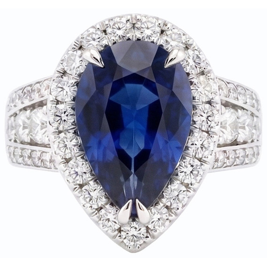 Women Halo Blue Sapphire Wedding Ring Set & Natural Earth Mined Diamonds 6 Carats