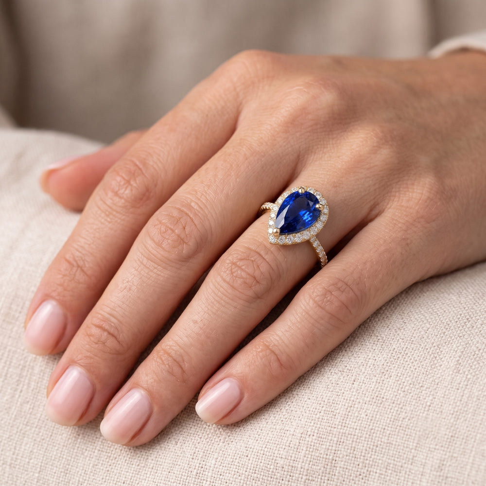 Women Halo Natural Earth Mined Diamond Ring Pear Sri Lankan Sapphire 5 Carats
