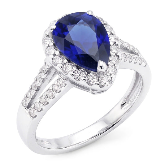 Women Halo Ring Split Shank Pear Ceylon Sapphire & Natural Earth Mined DIAMOND ( NOT LAB GROWN )s 3 Carats