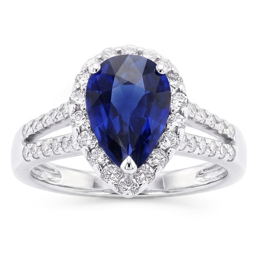 Women Halo Ring Split Shank Pear Ceylon Sapphire & Natural Earth Mined DIAMOND ( NOT LAB GROWN )s 3 Carats