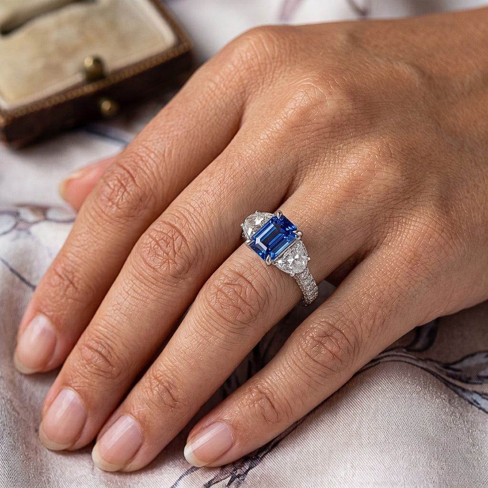 Women Sapphire Ring Half Moon Round Accents 3 Stone Style 3.50 Carats