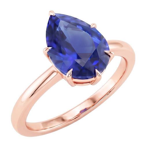 Women Solitaire Ring Rose Gold Pear Ceylon Sapphire Prong Set 4 Carats