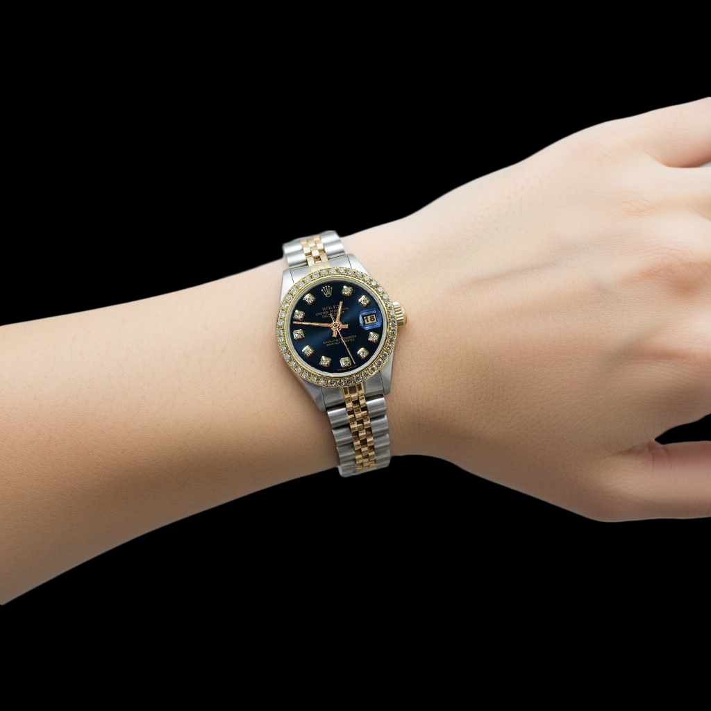 Women Datejust Ss & Gold Blue Natural Earth Mined Diamond Dial Bezel Rolex Watch P2