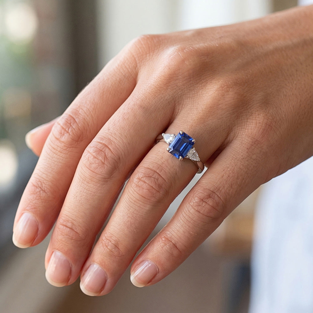 Women's 3 Stone Ring Emerald Ceylon Sapphire & Pear Natural Earth Mined Diamonds 2 Carats