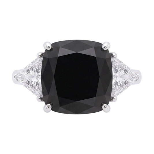 Women's Black Engagement Ring 3.6 Carat Real Cushion Diamond Trilliant Three Stone 14K White Gold