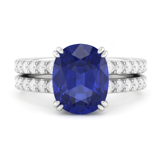 Women's Gold Natural Earth Mined Diamond & Oval Blue Sapphire Wedding Ring Set 4.50 Carats