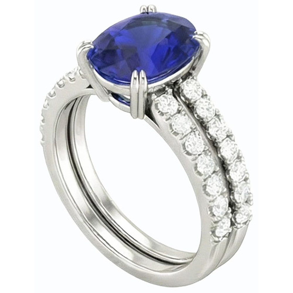 Women's Gold Natural Earth Mined Diamond & Oval Blue Sapphire Wedding Ring Set 4.50 Carats