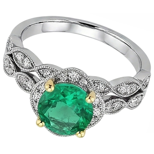 Fine Emerald Round Brilliant Gemstone Ring in Two-Tone 14K Gold – front view