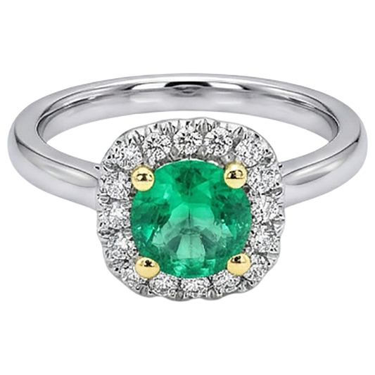 Fine Emerald Round Brilliant Colored Stone Ring in 14 Karat Two Tone Gold – front view