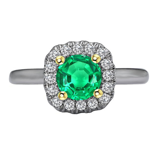 Fine Emerald Round Brilliant Colored Stone Ring in 14 Karat Two Tone Gold – main view