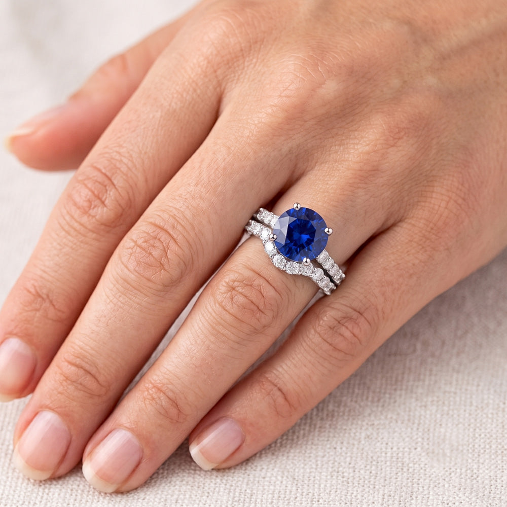 Women's Natural Earth Mined Diamond Round Blue Sapphire Engagement Ring Set 4.50 Carats