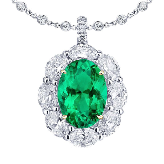 Emerald Oval Stone Pendant Necklace in 14 Karat Two Tone Gold – main view