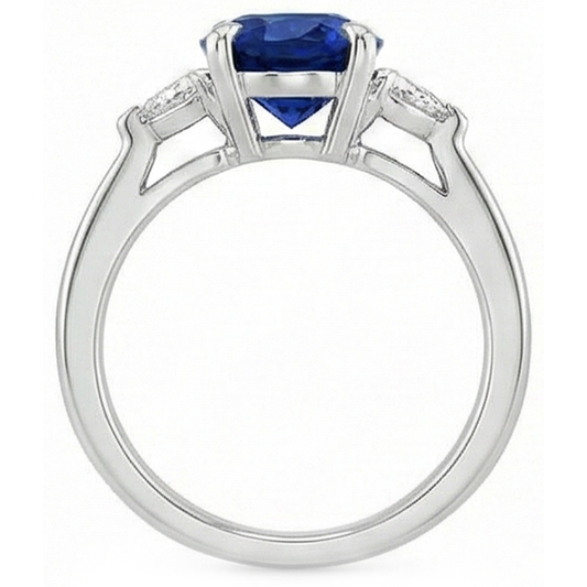 Womens 3 Stone Oval Blue Sapphire & Trillion Cut Natural Earth Mined Diamond Ring 3 Carats