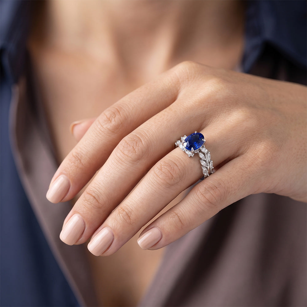 Womens Gold Ring Oval Ceylon Sapphire With Marquise Natural Earth Mined Diamonds 4 Carats