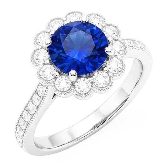 Womens Halo Flower Style Blue Sapphire Ring 3 Carats Cathedral Setting